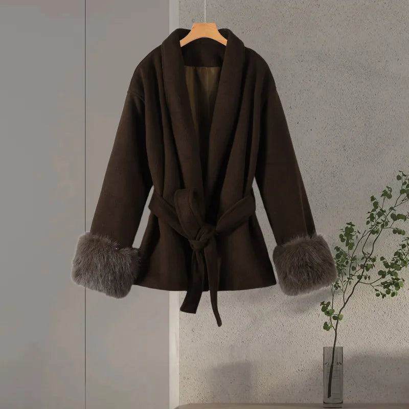 Manteau Long à lacets pour femme, manteau de bureau élégant en laine, fourrure, Patchwork, manches longues, vestes Cardigan amples, nouvelle collection 2025