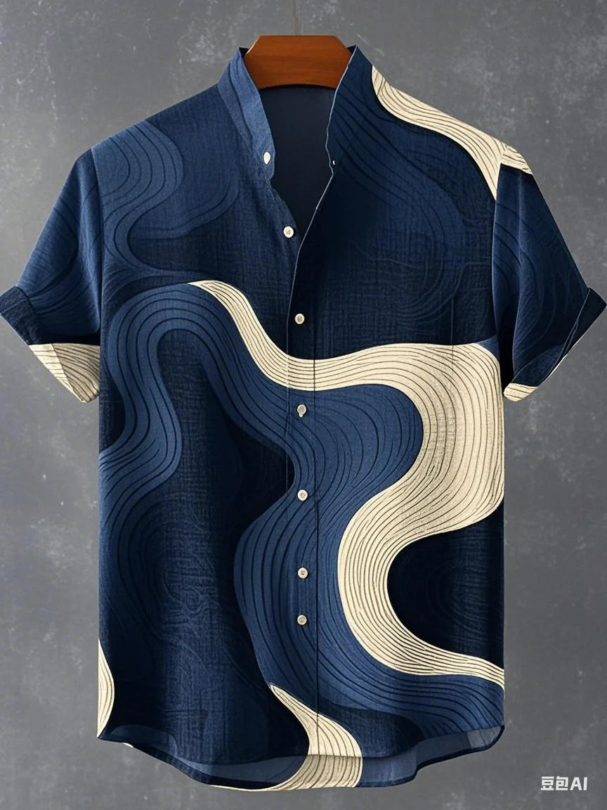 Chemise à manches longues et col montant pour homme, nouvelle collection printemps-automne, impression en 3D, rayures irrégulières