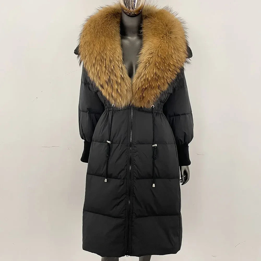 Doudoune longue avec col en fourrure pour femme, pardessus en fourrure de renard, longueur aux genoux, à la mode, chaude, cintrée à la taille, vêtements d'extérieur amincissants