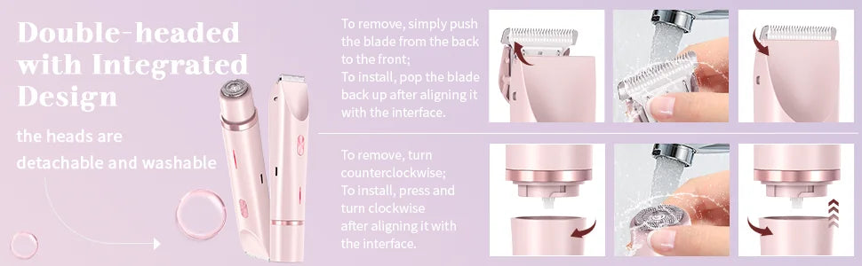 Electric shaver for women, waterproof shaver for wet and dry hair, 2-in-1 double head, double bikini trimmer, hair clipper, detachable head