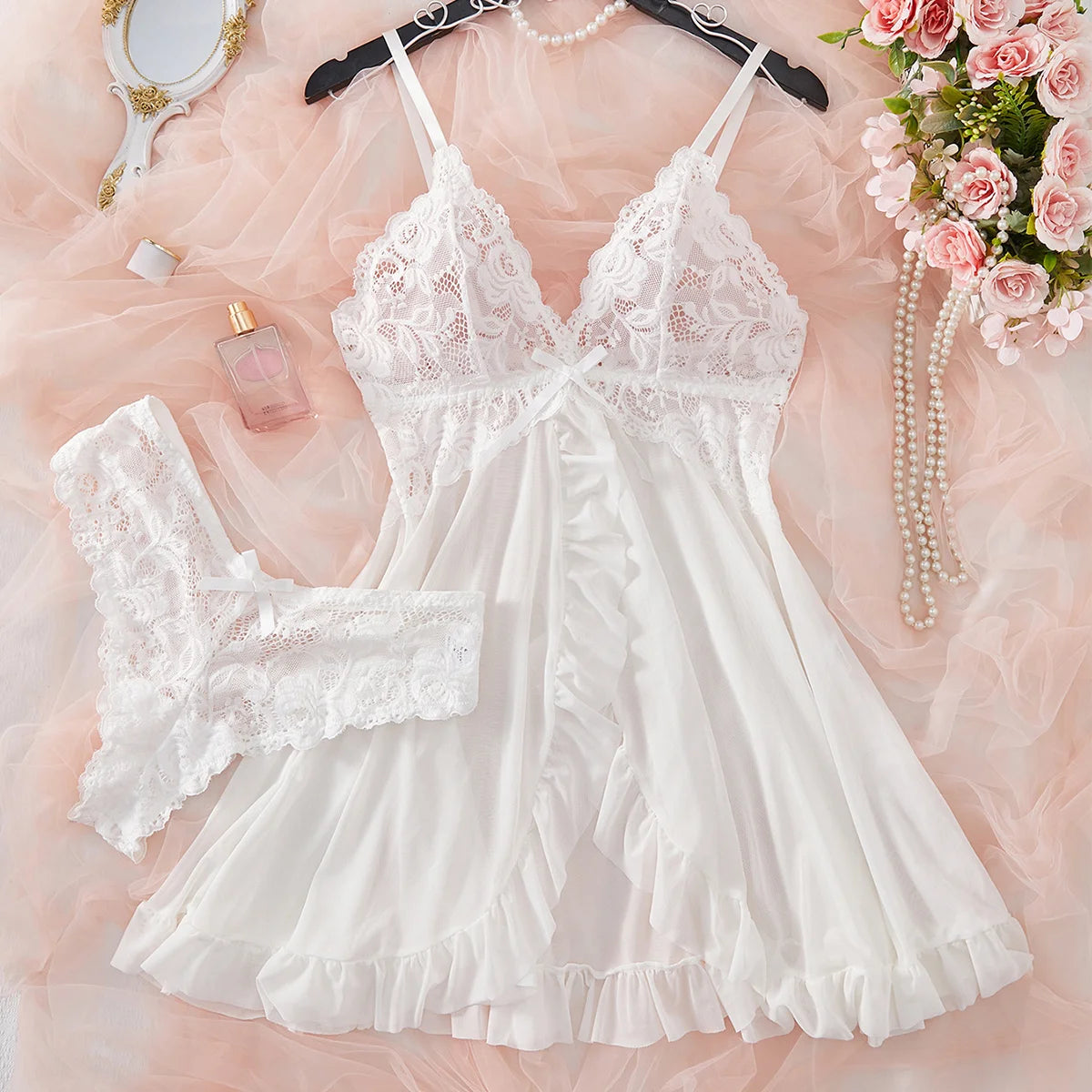 Ensemble de Lingerie Sexy pour femmes, soutien-gorge érotique, chemise de nuit, vêtements de nuit en dentelle, couleur unie, Slim, robes douces, col en V, Slip complet, vêtements de nuit et robes