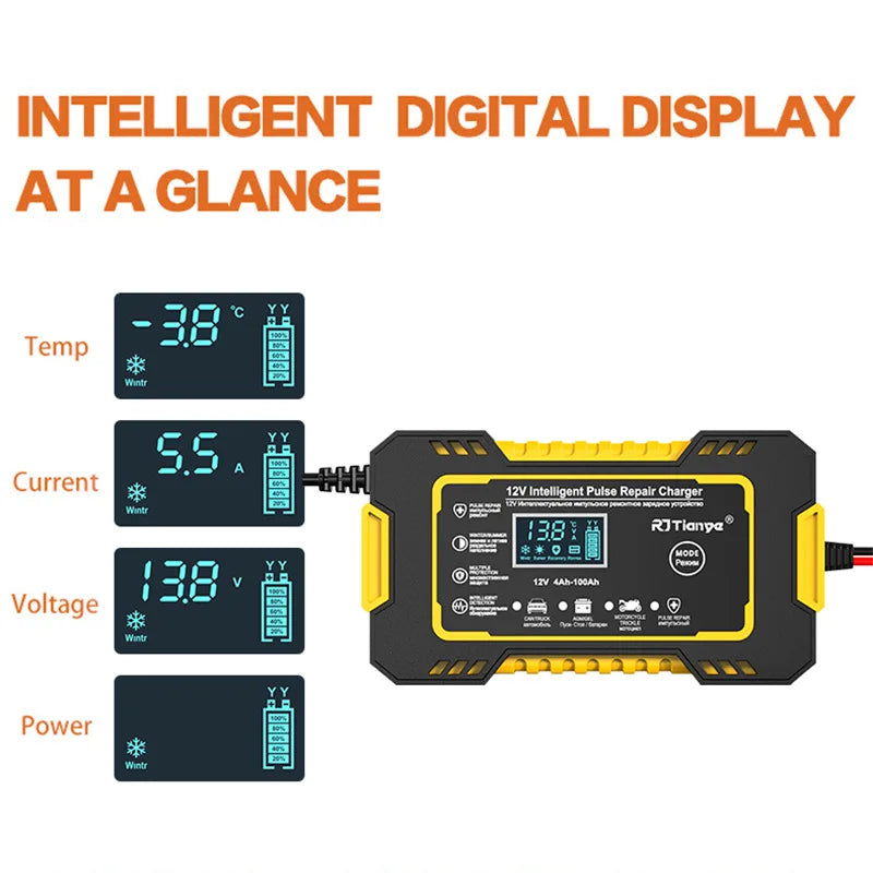 12V 6A Car Battery Charger, Pulse Repair, LCD Screen, Smart Fast Charging, AGM, Deep Cycle, GEL, Lead Acid, for Cars and Motorcycles