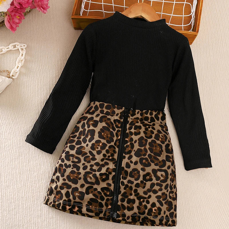 Girls' costume with round neck and long sleeves, leopard print skirt with zipper, fashionable for holidays and leisure, spring and autumn