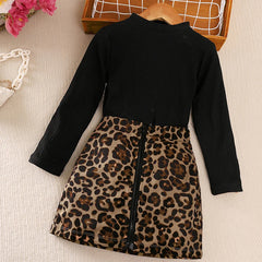 Girls' costume with round neck and long sleeves, leopard print skirt with zipper, fashionable for holidays and leisure, spring and autumn