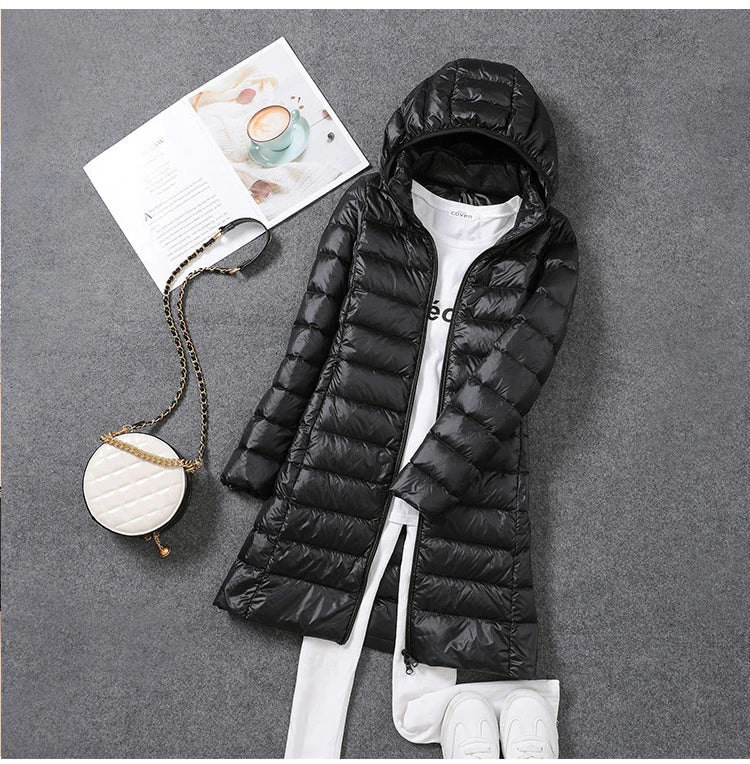 Femme printemps rembourré à capuche longue veste blanc canard vers le bas femme pardessus Ultra léger mince solide vestes manteau Portable Parkas
