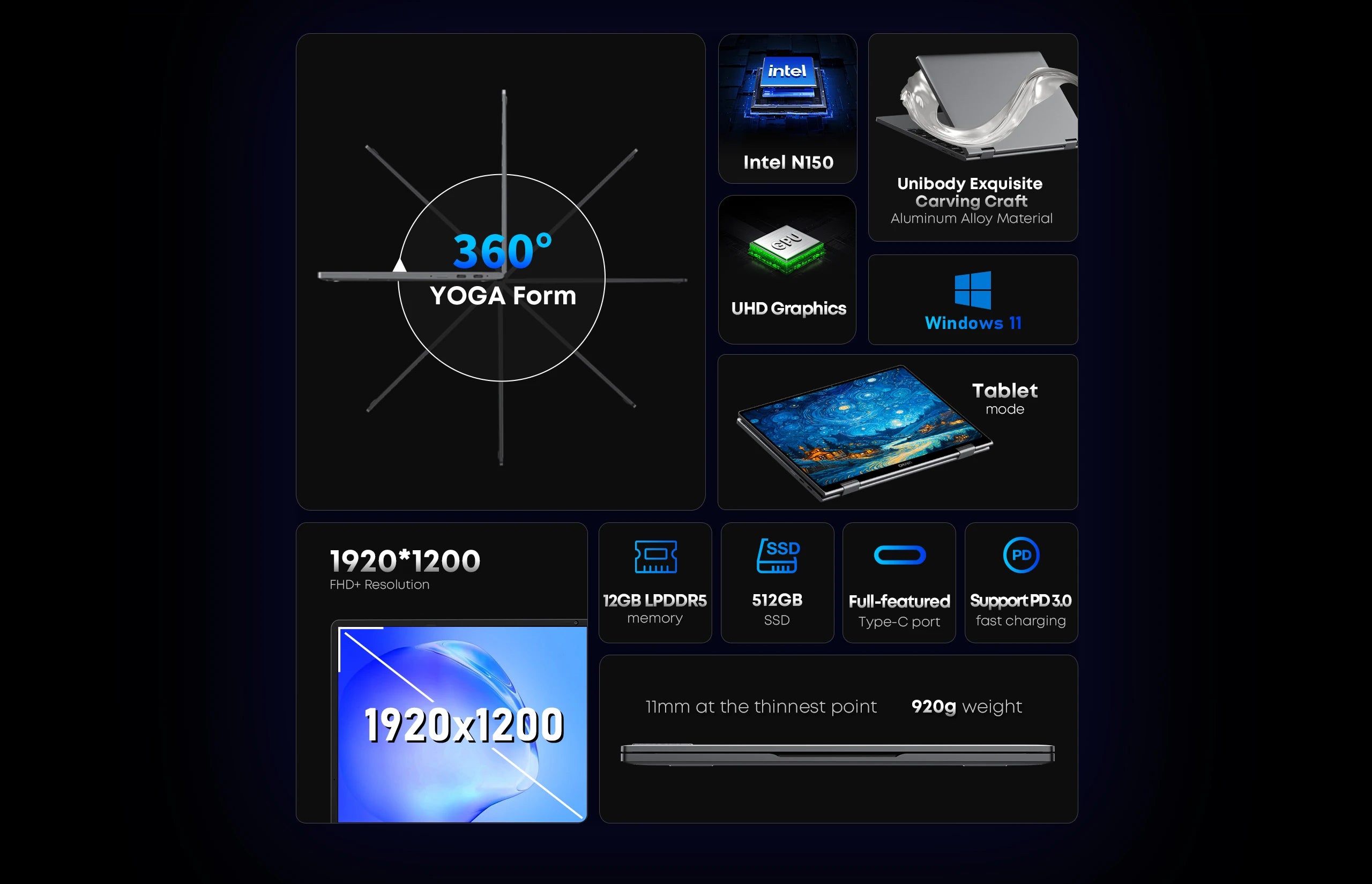 CHUWI MiniBook X N150 10.51-inch Laptop, 16GB/12GB RAM, 512GB SSD, 2-in-1 Yoga Mode, Intel Windows 11, 360° Foldable Design, WiFi 6