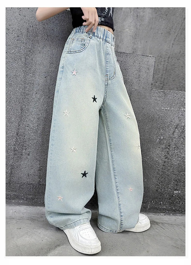 Five-pointed star embroidered jeans for girls aged 3 to 12, stylish wide-leg denim trousers, new spring/autumn collection