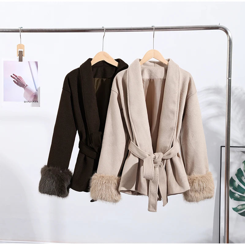 Manteau Long à lacets pour femme, manteau de bureau élégant en laine, fourrure, Patchwork, manches longues, vestes Cardigan amples, nouvelle collection 2025