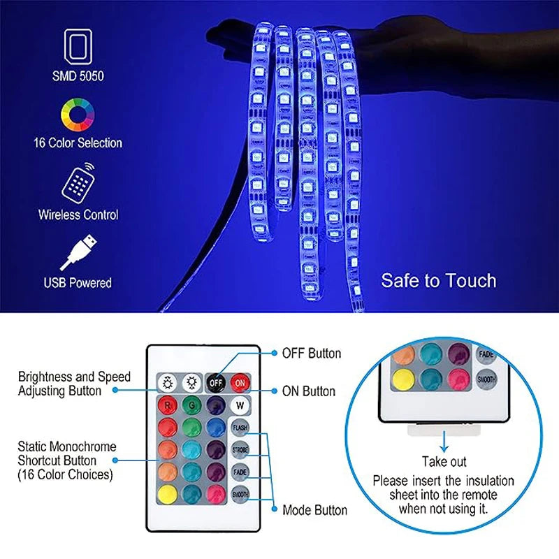 USB LED strip light for children's playroom, TV backlight, proxy document, flexible lights, 24 preset colors, 5050 RGB, home party, 5m