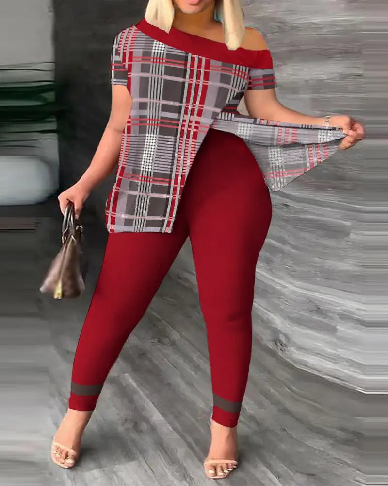 Women's Printed 2 Piece Set, Irregular Slanted Collar Split Top Short Sleeve Long Pants Colorful Outfit Fashion Women Pant Suit