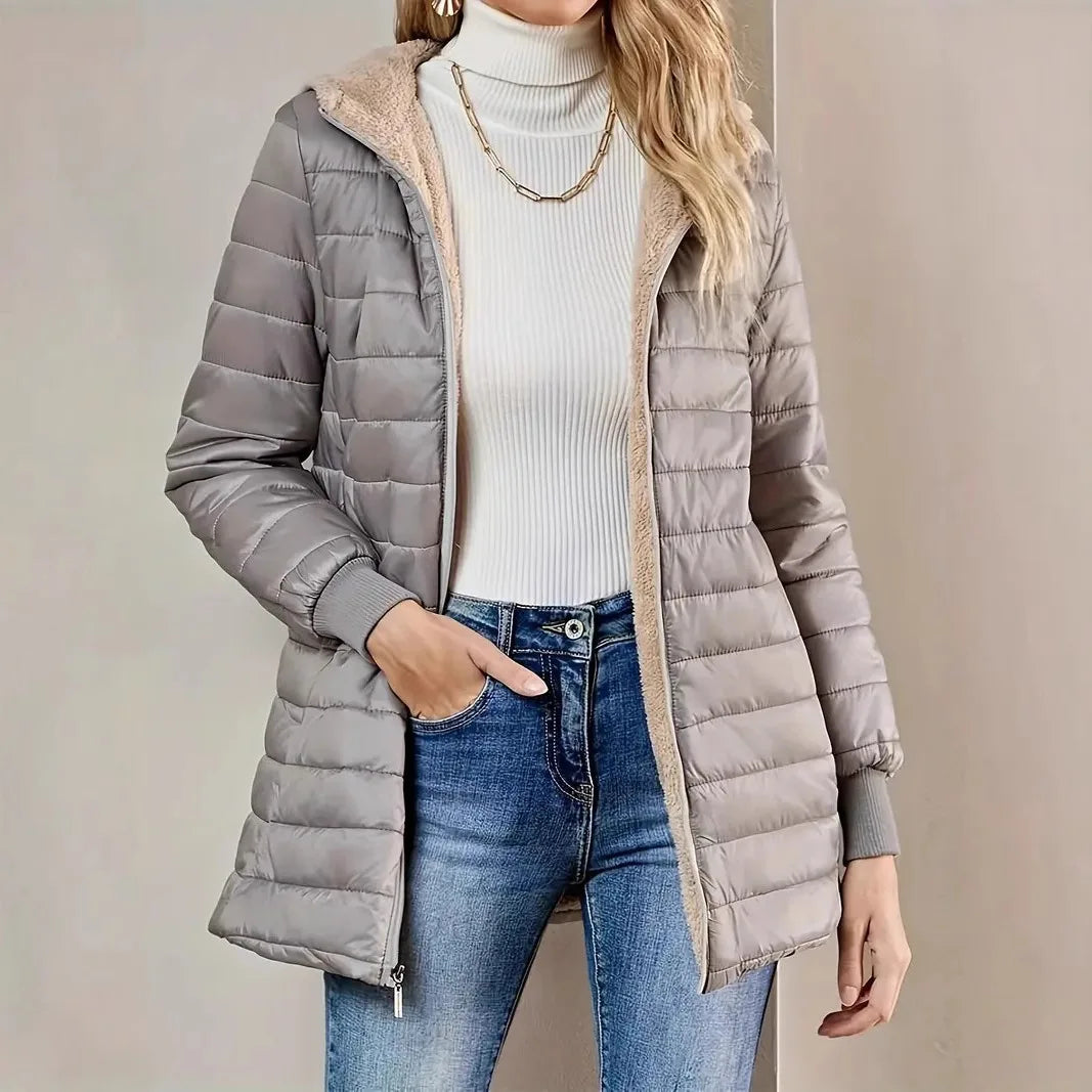 Women's fleece-lined cotton jacket, warm top, loose fit, lightweight, hooded, cotton coat, street style, trendy, autumn/winter