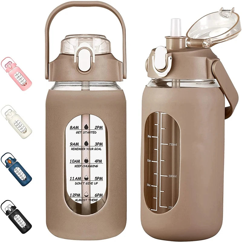 Bouteilles d'eau en verre de 1000ML avec paille, bouteille en verre avec manchon en Silicone et marqueur de temps, pour salle de sport, Camping, maison et bureau