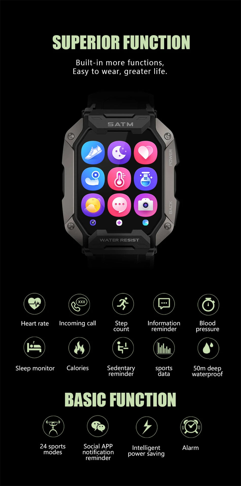 Montre intelligente étanche IP68 Iko pour hommes, horloge intelligente de natation, sports de plein air, suivi de la condition physique, moniteur de santé, montre intelligente pour Android, IOS