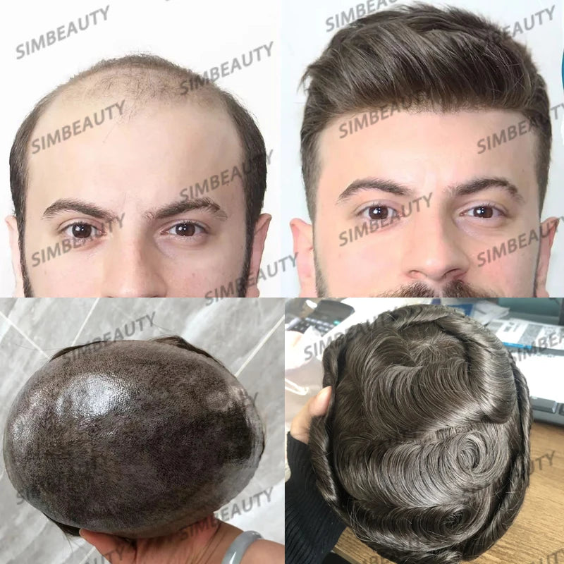 100% cheveux humains hommes toupet naissance des cheveux naturelle pleine peau Pu Base Durable mince 0.1mm hommes perruques unité de remplacement prothèse capillaire