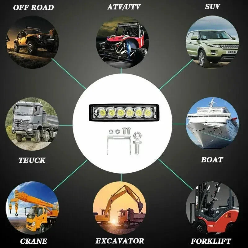 Phares à feux de route DRL étanches 12V: 6 feux de travail de voiture LED 18W pour suv, camions, remorques, conduite tout-terrain et antibrouillard, ampoules de phares