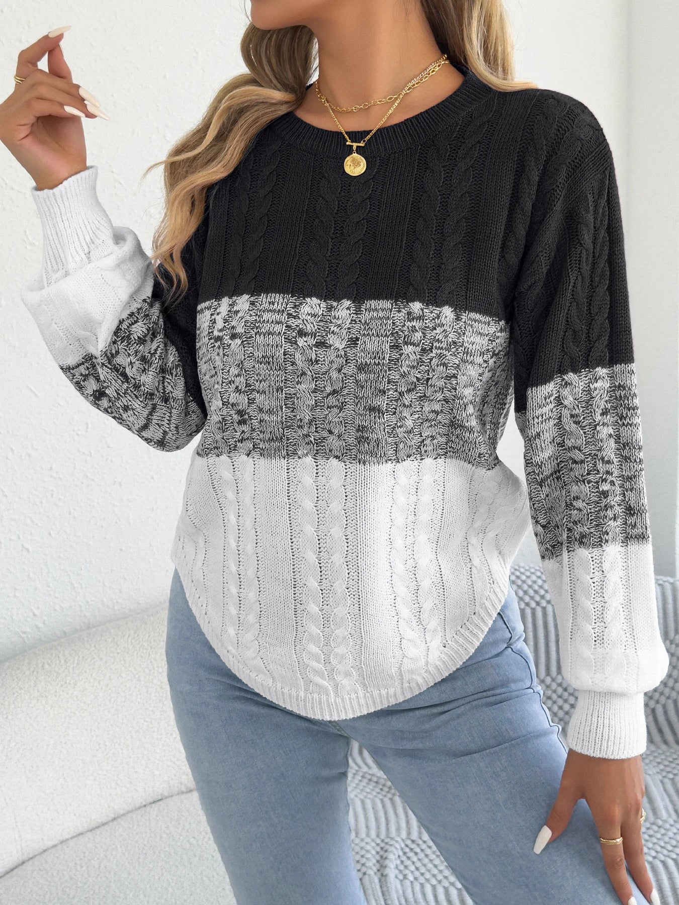 Femme décontracté couleur bloc rayé pull col rond lanterne à manches longues torsion tricoté hauts pour 2025 automne hiver femmes vêtements
