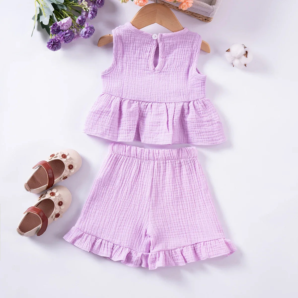 Costumes en mousseline de coton pour petites filles, couleur unie, gilet + short, ensemble de vêtements 2 pièces, sans manches, mignons et décontractés, tenues pour bébés filles