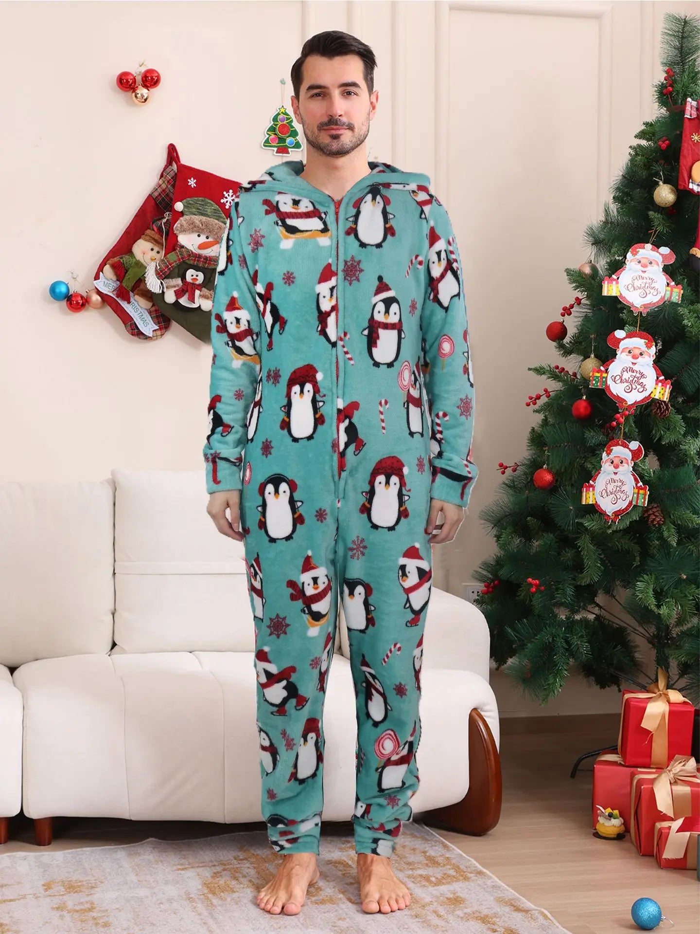 2025 hiver velours chaud doux pyjama famille vêtements de noël ensemble fermeture éclair à capuche combinaison épais ample une pièce costume Homewear Onesie