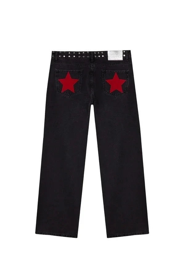 Y2K Vintage jean Flash argent étoile motif métal Rivet jean femme Baggy décontracté jambe droite Denim pantalon Simple femmes vêtements