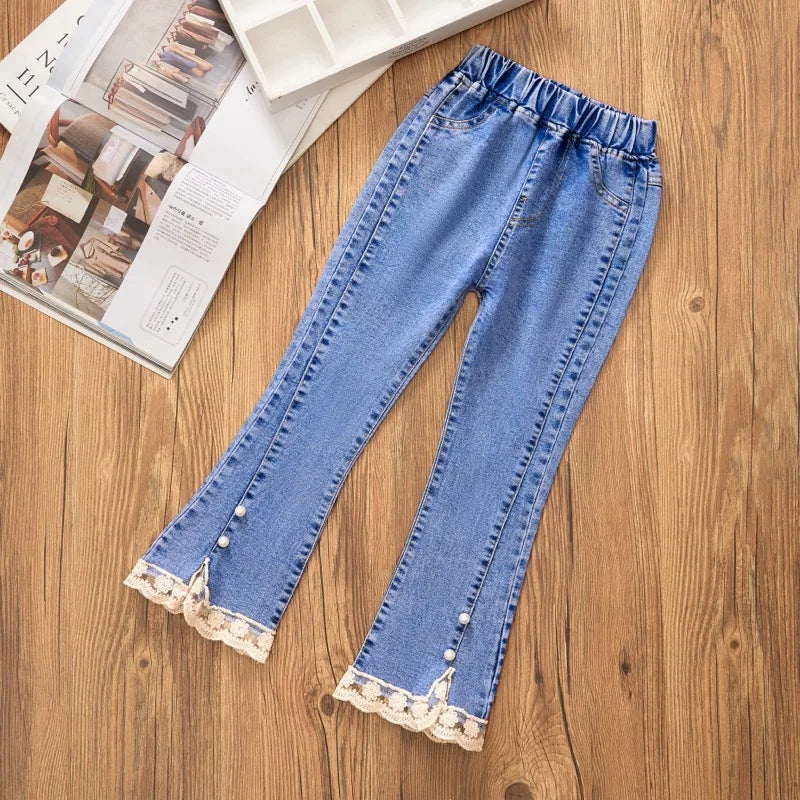 Beaded lace jeans for teenage girls, denim pants for girls, monochrome waistband pants for children, casual bell-bottoms, new fashion