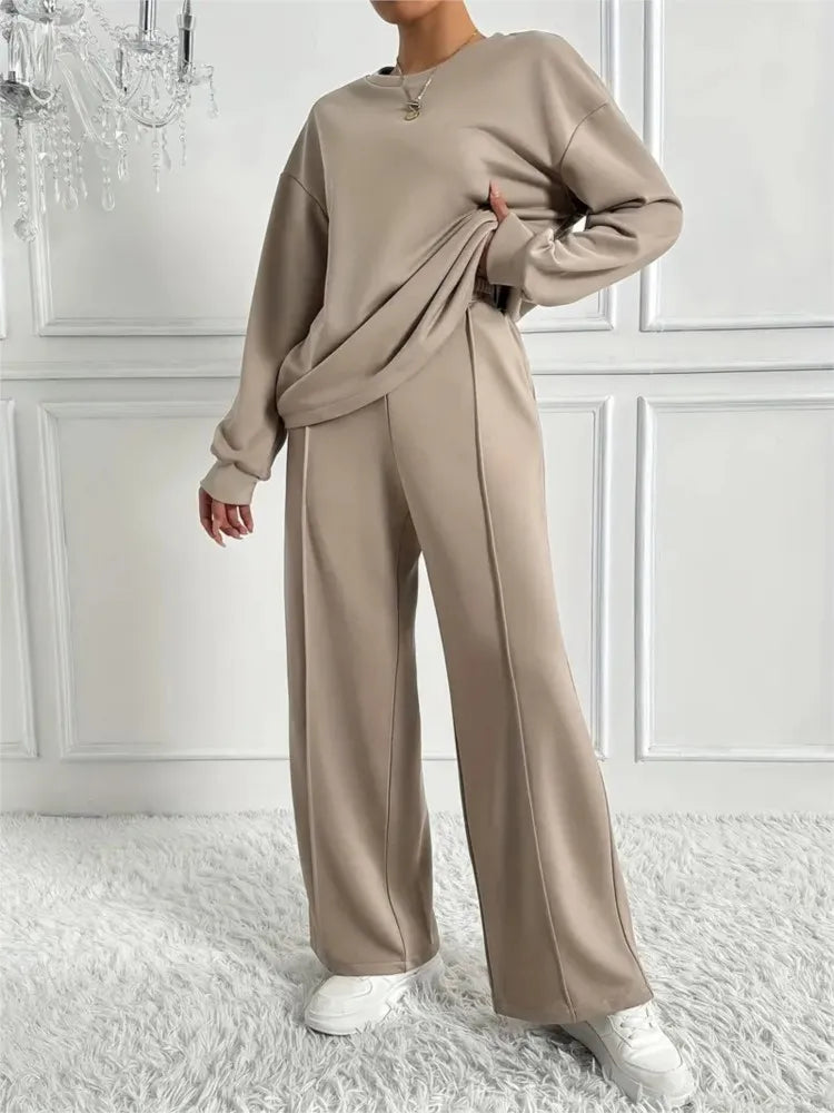 Ensemble deux pièces pour femmes, décontracté, col rond, manches longues, sweat-shirt, pantalon à jambes larges, costumes automne hiver, mode dames, tenue de bureau