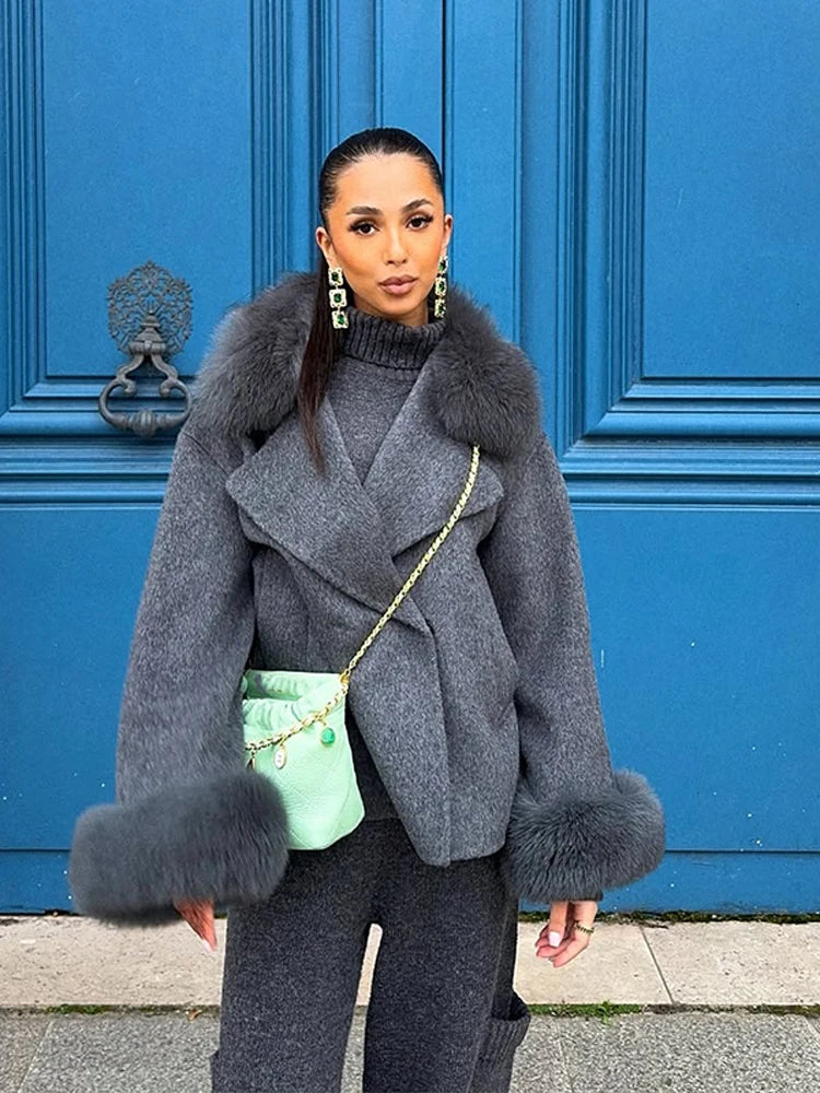 Manteau en laine pour femmes, Patchwork de fourrure solide, mode, manches longues, col en v, à lacets, pardessus Long ample, automne, bureau, vêtements d'extérieur pour dames