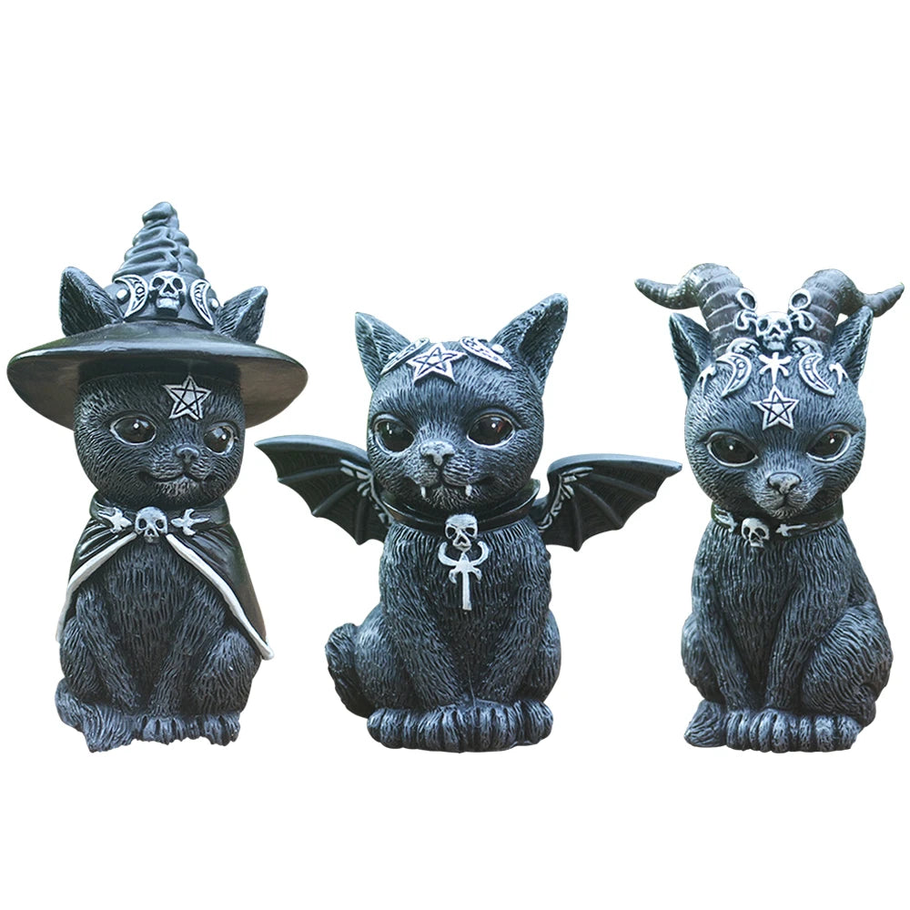 Figurine décorative d'halloween, Sculpture de chat sorcière de jardin, Statue de chaton gothique, chat magique noir, hibou, ornement de magicien, Miniature mignonne