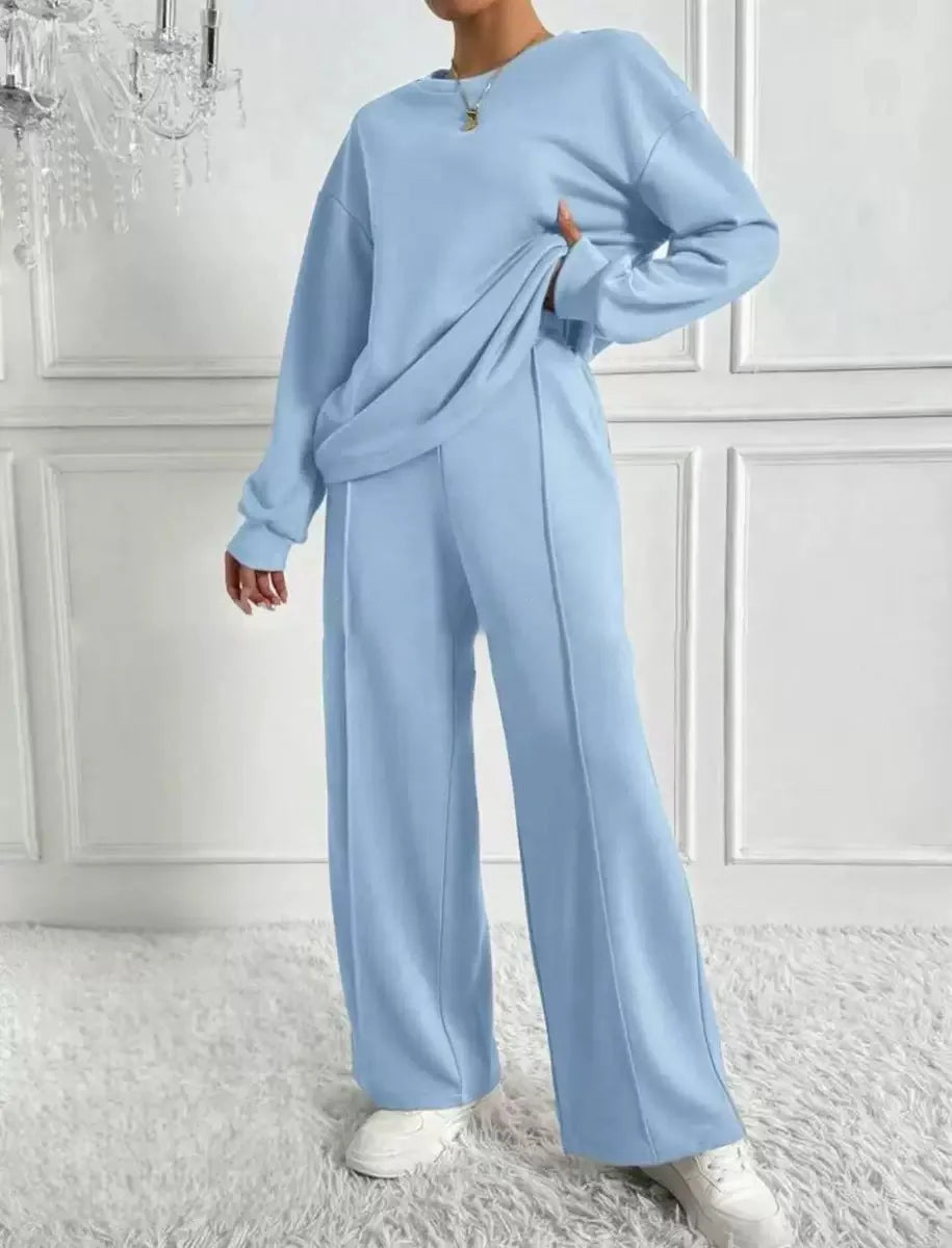 Ensemble deux pièces pour femmes, décontracté, col rond, manches longues, sweat-shirt, pantalon à jambes larges, costumes automne hiver, mode dames, tenue de bureau