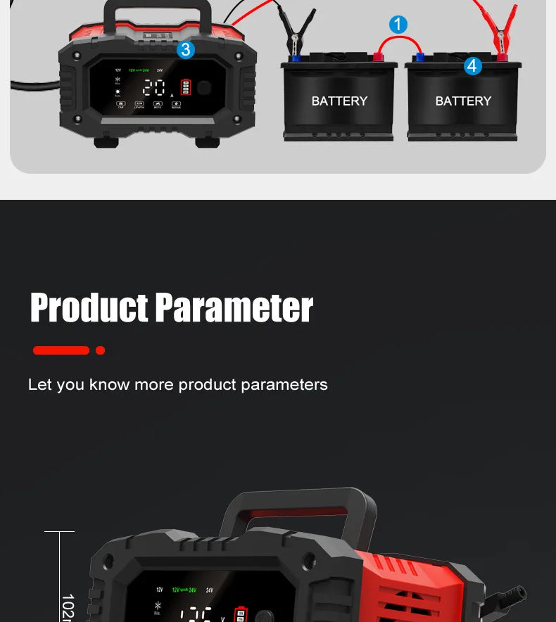 Chargeur de batterie intelligent pour voiture et moto, chargeurs de batterie au lithium, AGM GEL, plomb-acide, veFePO4, 20A, 10A, 12V, 24V