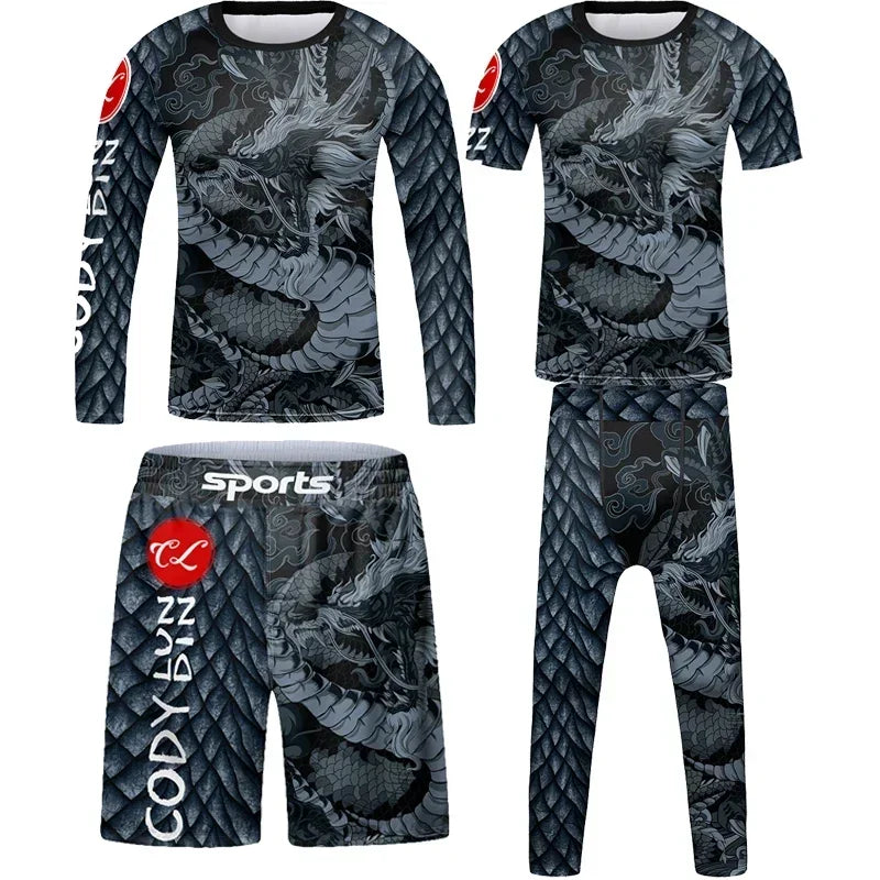 Vêtements de sport à compression pour enfants, survêtement de course pour garçons, ensemble t-shirt et pantalon Muay Thai, MMA BJJ Training Sportedly