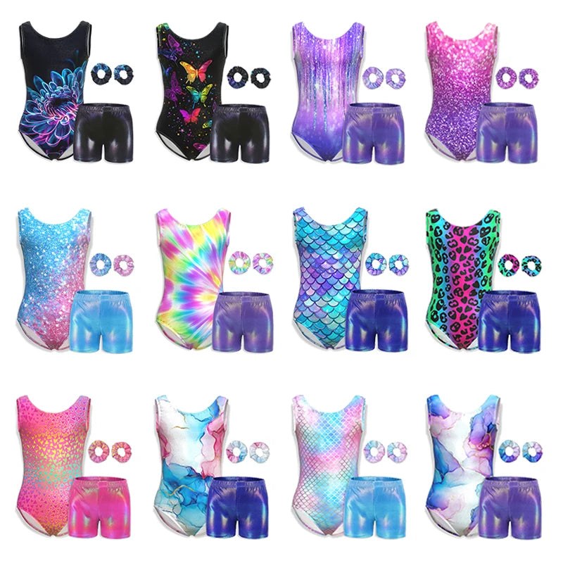 Justaucorps de gymnastique pour filles, vêtements de danse pour enfants avec short assorti, bandeau pour enfants