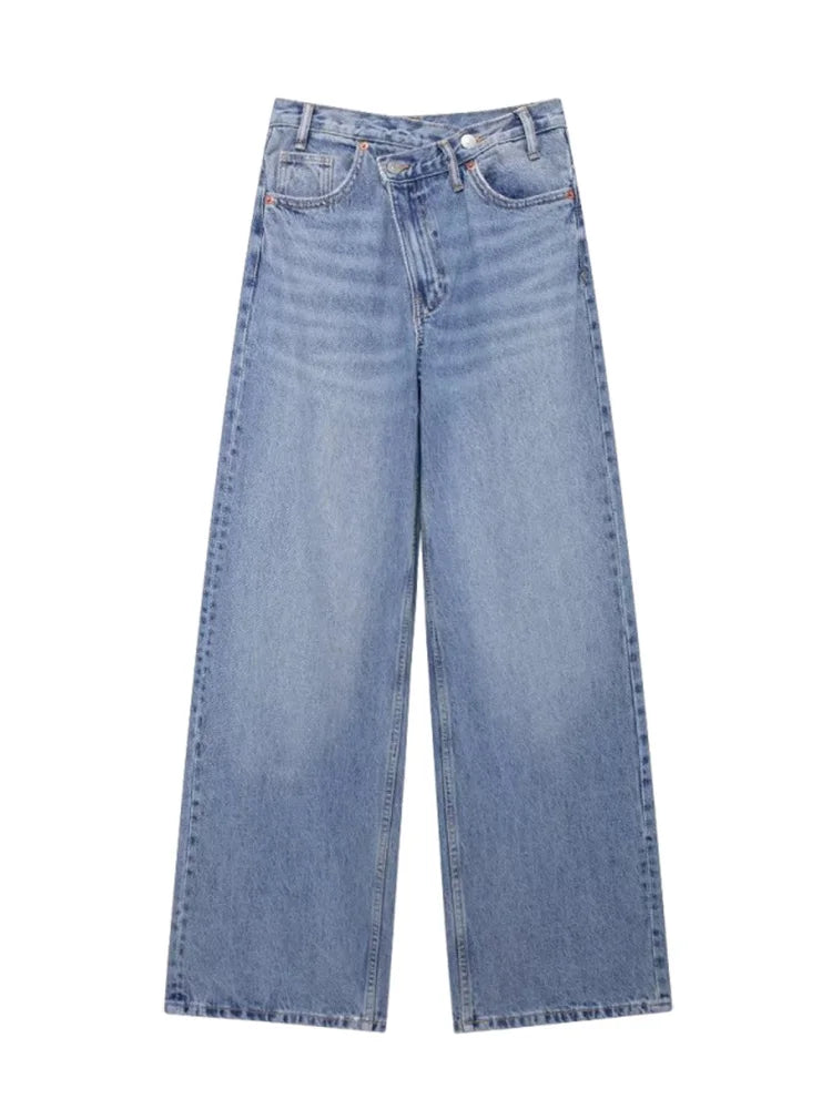 Jeans asymétriques à taille haute et à jambes larges pour femmes nouveaux modèles de base mode polyvalente pantalons droits pantalons