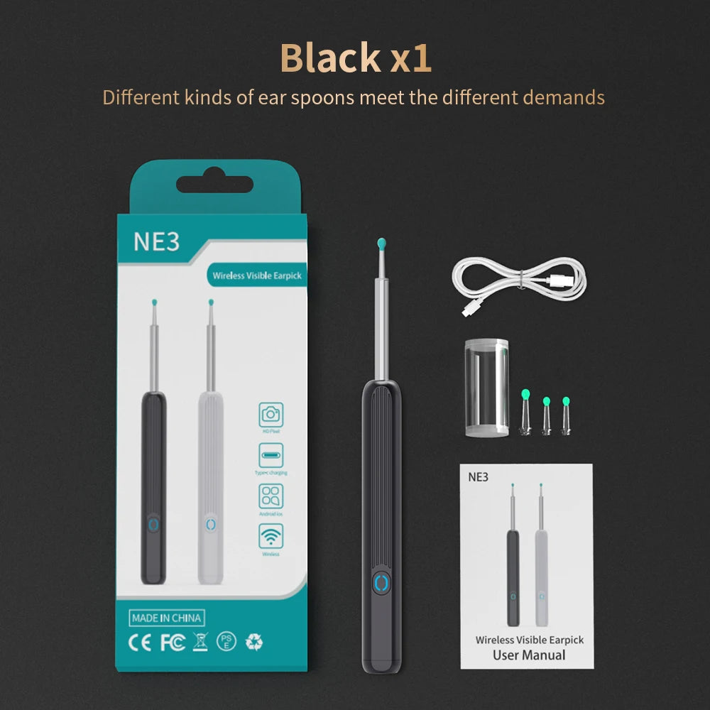 NE3 nettoyeur d'oreilles outil de retrait de cire d'oreille de haute précision avec caméra LED Otoscope sans fil Kit de nettoyage d'oreille intelligent meilleur cadeau