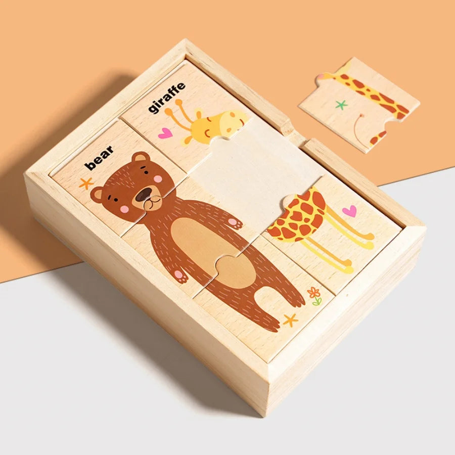 Puzzle assorti en forme d'animal de dessin animé pour enfants, planche de puzzle de cognition de mots anglais pour l'éducation précoce des bébés, jouet en bois