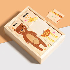 Puzzle assorti en forme d'animal de dessin animé pour enfants, planche de puzzle de cognition de mots anglais pour l'éducation précoce des bébés, jouet en bois