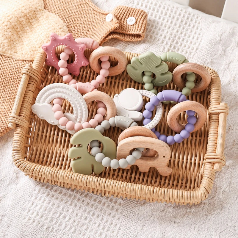 Anneau de dentition en Silicone pour bébé, 1 pièce, sans BPA, Bracelet en Silicone, feuille, jouets de dentition, anneau en bois, dent d'allaitement, jouets cadeaux pour nouveau-né
