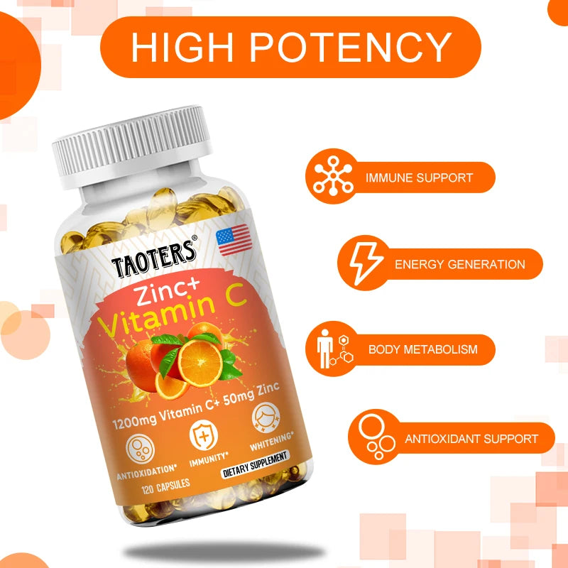 Taoters Supplément Vitamine C + Zinc - Haute Absorption - Système immunitaire, Vitamines pour la santé de la peau - Supplément Antioxydant