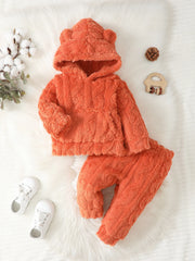Sweat à capuche en fourrure avec oreilles d'ours pour bébé, pantalon de document solide, taille élastique, poche chaude, style décontracté, mignon, imbibé, automne, hiver, 2 pièces