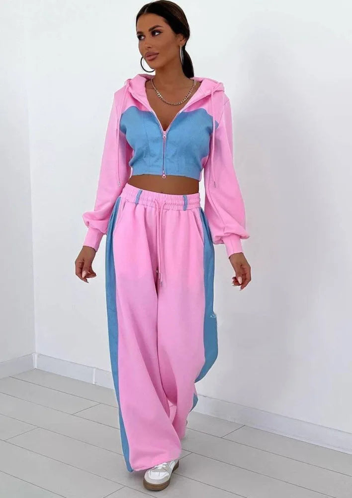 Ensemble 2 pièces en denim patchwork pour femmes, tenue décontractée, sweats à capuche minces, haut court, pantalon de survêtement à jambes larges, streetwear imbibé, survêtements à la mode