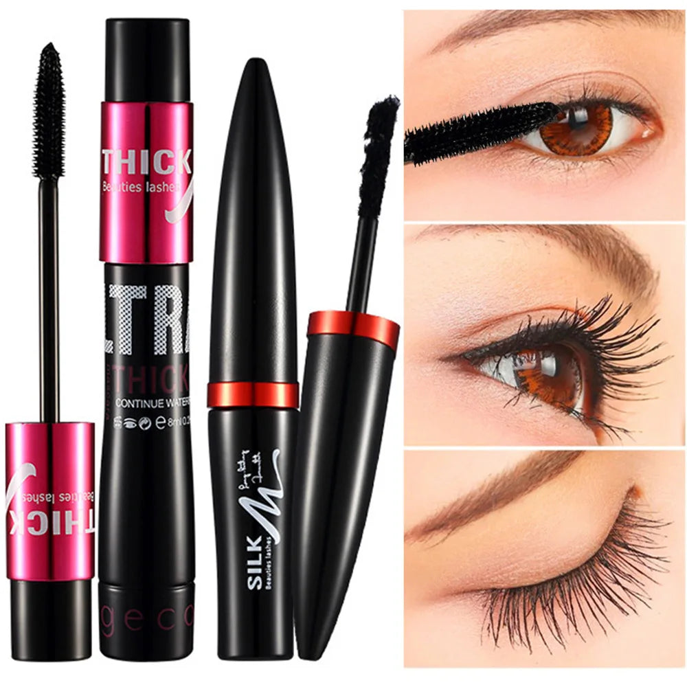 Ensemble de mascara en fibre avec double tubes, imperméable et longue durée, crée de longs cils naturellement recourbés sans bavures