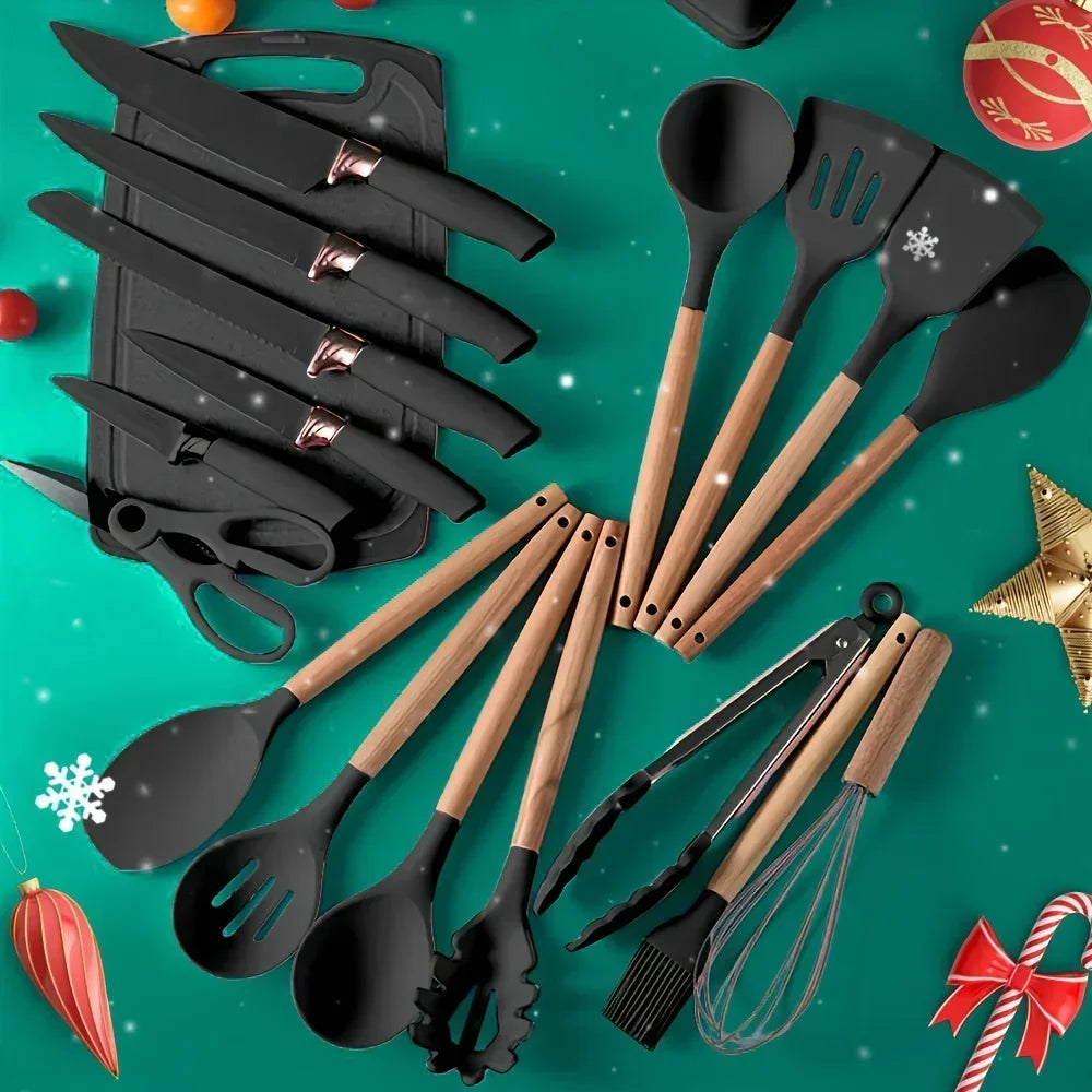 Ensemble d'ustensiles de cuisine antiadhésifs en Silicone, 19 pièces, avec couteaux, outils résistants à la chaleur dans un rangement en bambou, parfait pour la cuisine