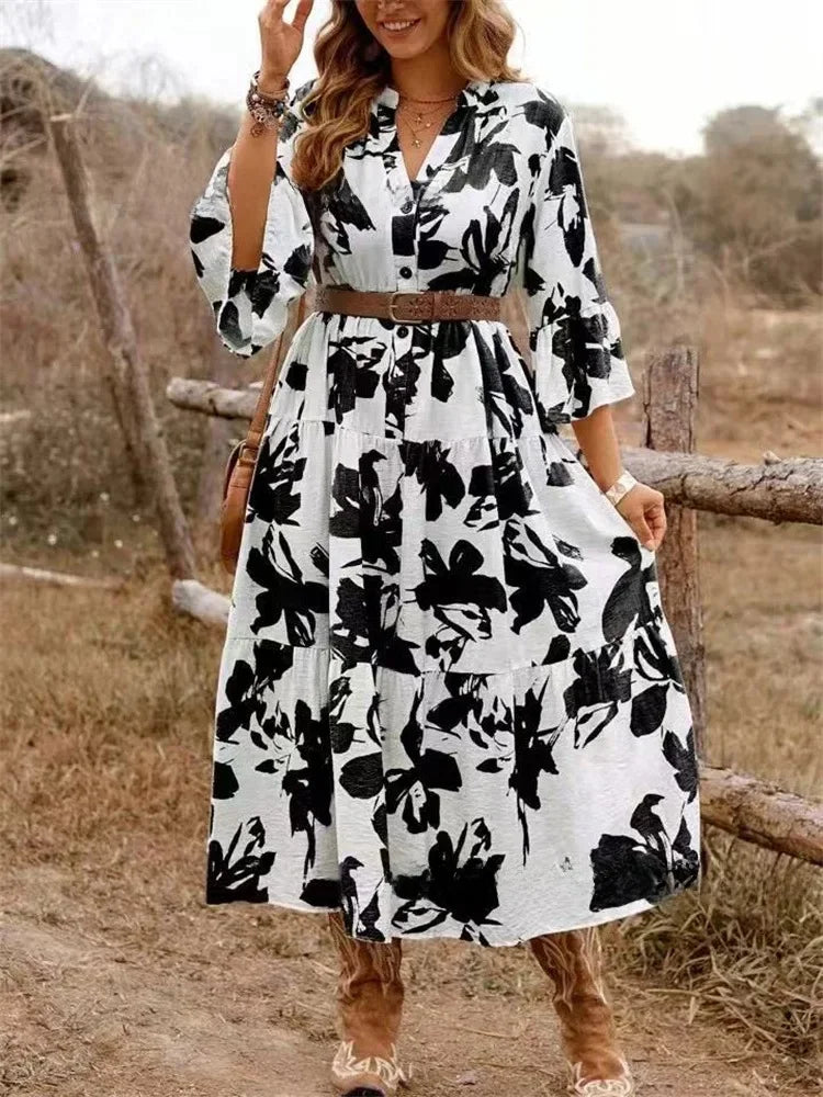 Women's long pleated V-neck dress with waist belt, embellishments, fashionable, knee-length, with flared sleeves, new 2025 collection