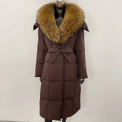 Veste d'hiver chaude et élégante pour femme, avec ceinture à capuche, simple boutonnage, col en vraie fourrure de renard, manteau épais et ample en duvet de canard blanc