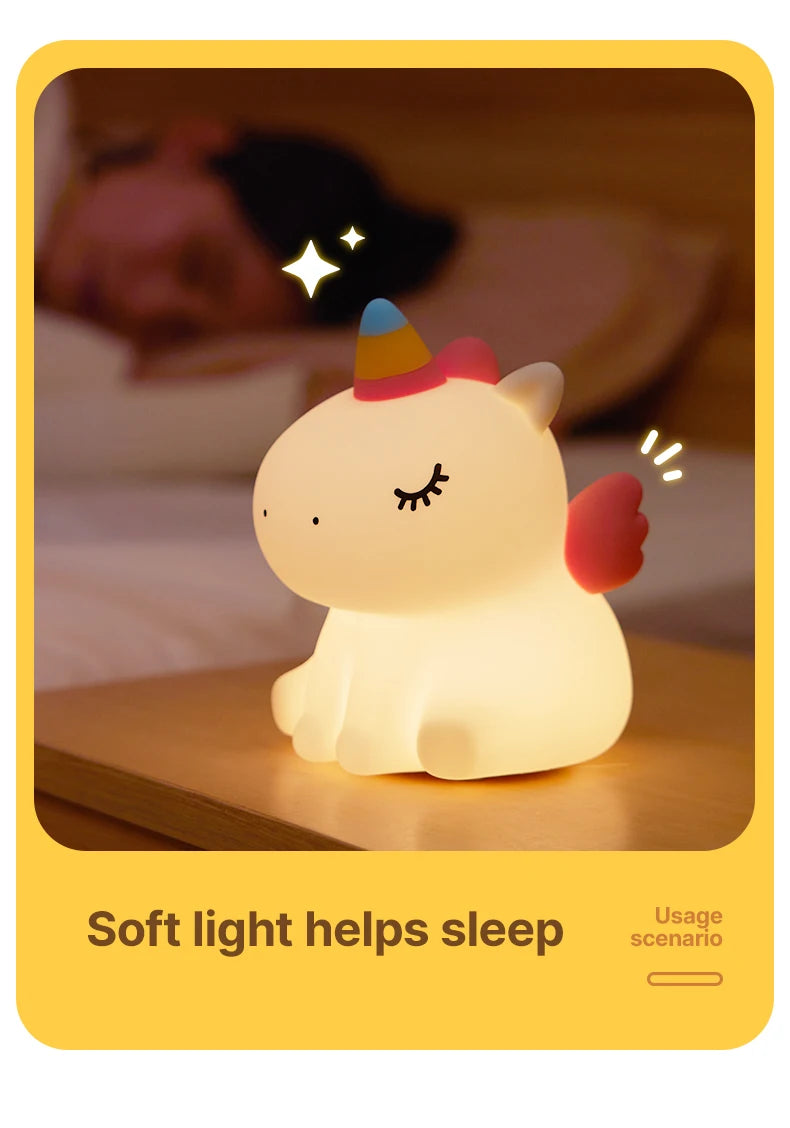 Veilleuse licorne mignonne en Silicone pour enfants, veilleuse LED à intensité variable, lampe licorne Squishy, lampe de chevet Rechargeable
