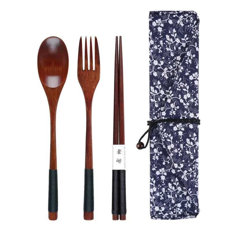 Ensemble de vaisselle en bois cuillère fourchette baguettes avec sac en tissu ensemble de couverts en bois vaisselle couverts fournitures ménagères portables