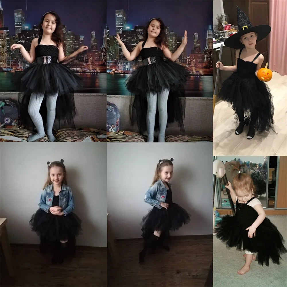 Girls Pink Black Tutu Dress V-Neck Train Girl Evening Birthday Party Tulle Dresses Girl Ball Gown Kids Halloween Costumes