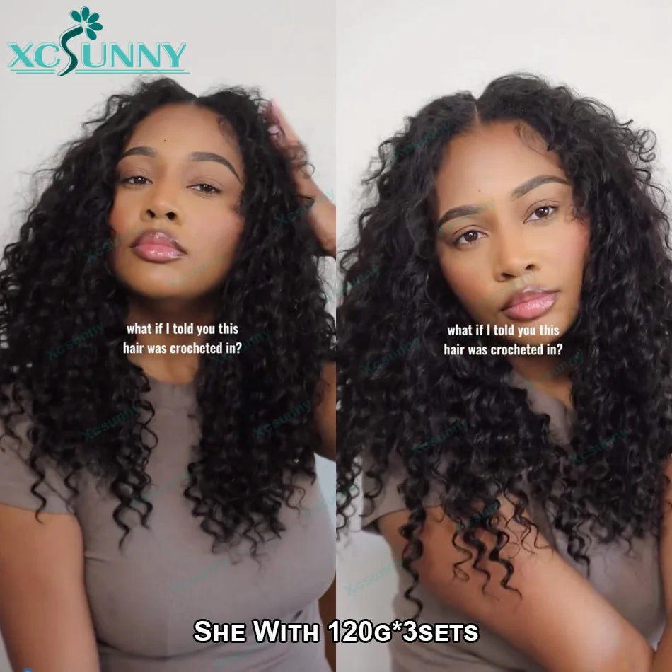 Crochet curly human hair extensions, knotless, pre-parted, feathery, human hair, water wave, invisible knot with string