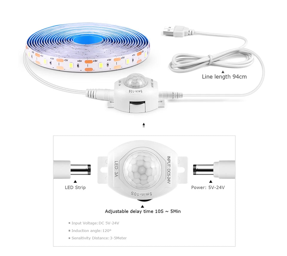 Bande lumineuse LED USB 5V, étanche, SMD2835, avec capteur de mouvement PIR sensible, temps de retard réglable pour cuisine, chambre à coucher, couloir
