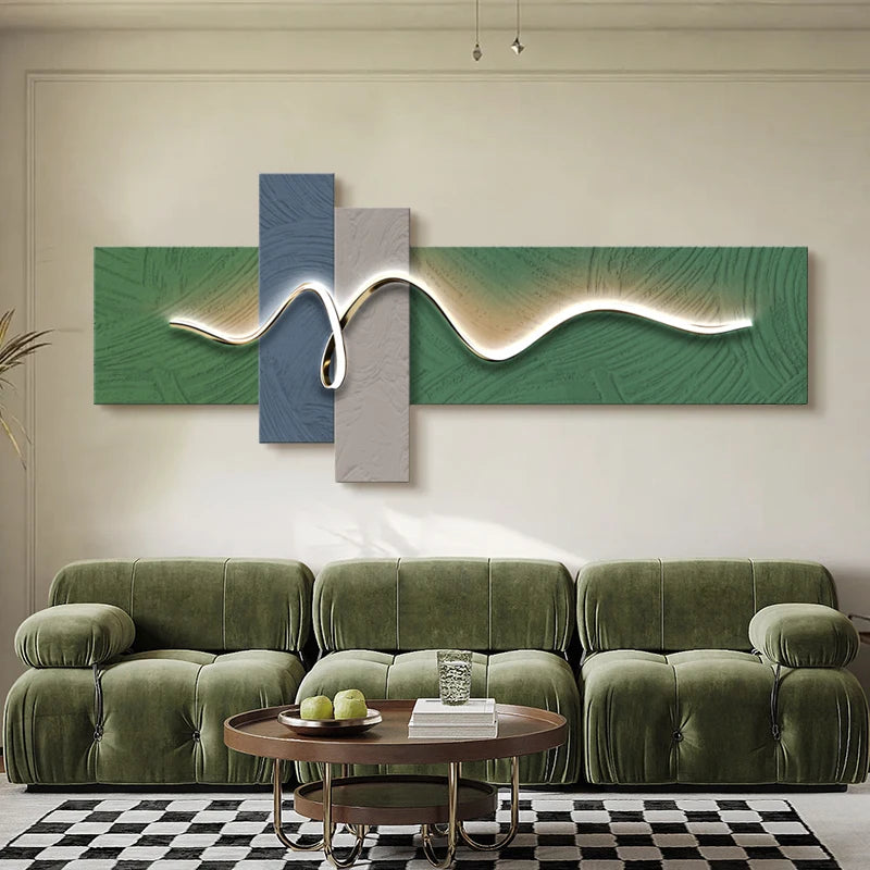 Chambre principale salon géométrique bureau décor peinture avec lumières luxe canapé TV fond mur suspendu photo chambre lits