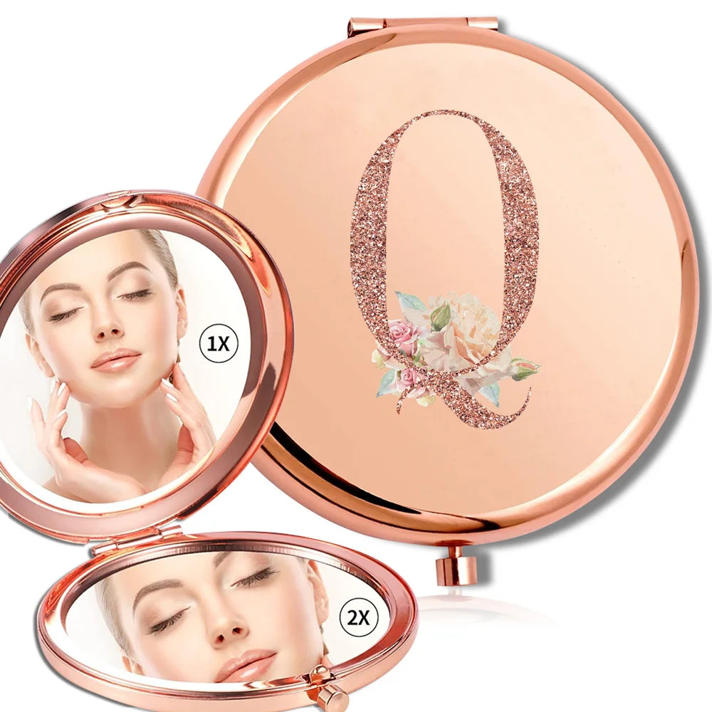 Miroir rond de maquillage grossissant Double face en métal, cosmétique, aspect Portable, verre, Compact, motif de lettres en or Rose